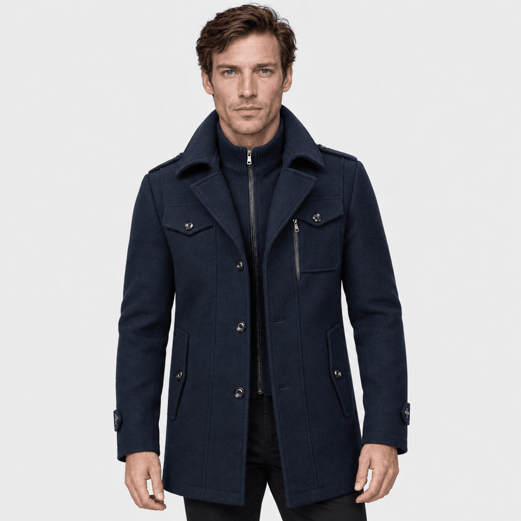 Vanguard – Tailored Dual-Collar Wool Overcoat (Navy Blue) - MattiaCremasco