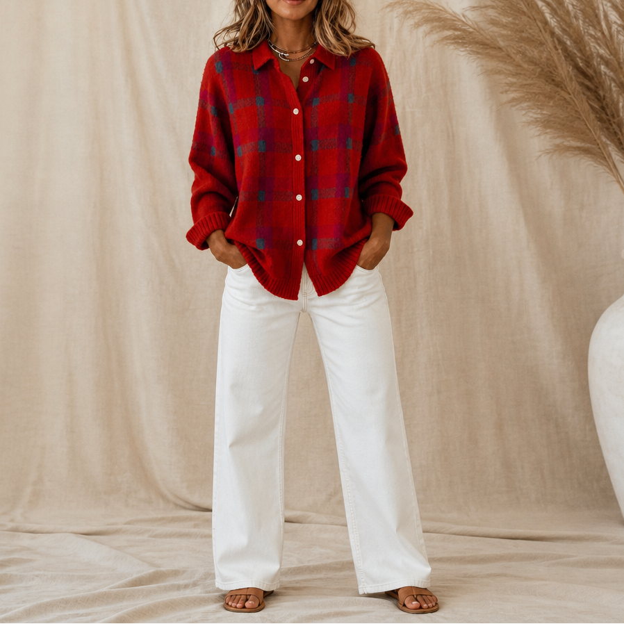 Women's Plaid Button-Front Knit Cardigan with Collar