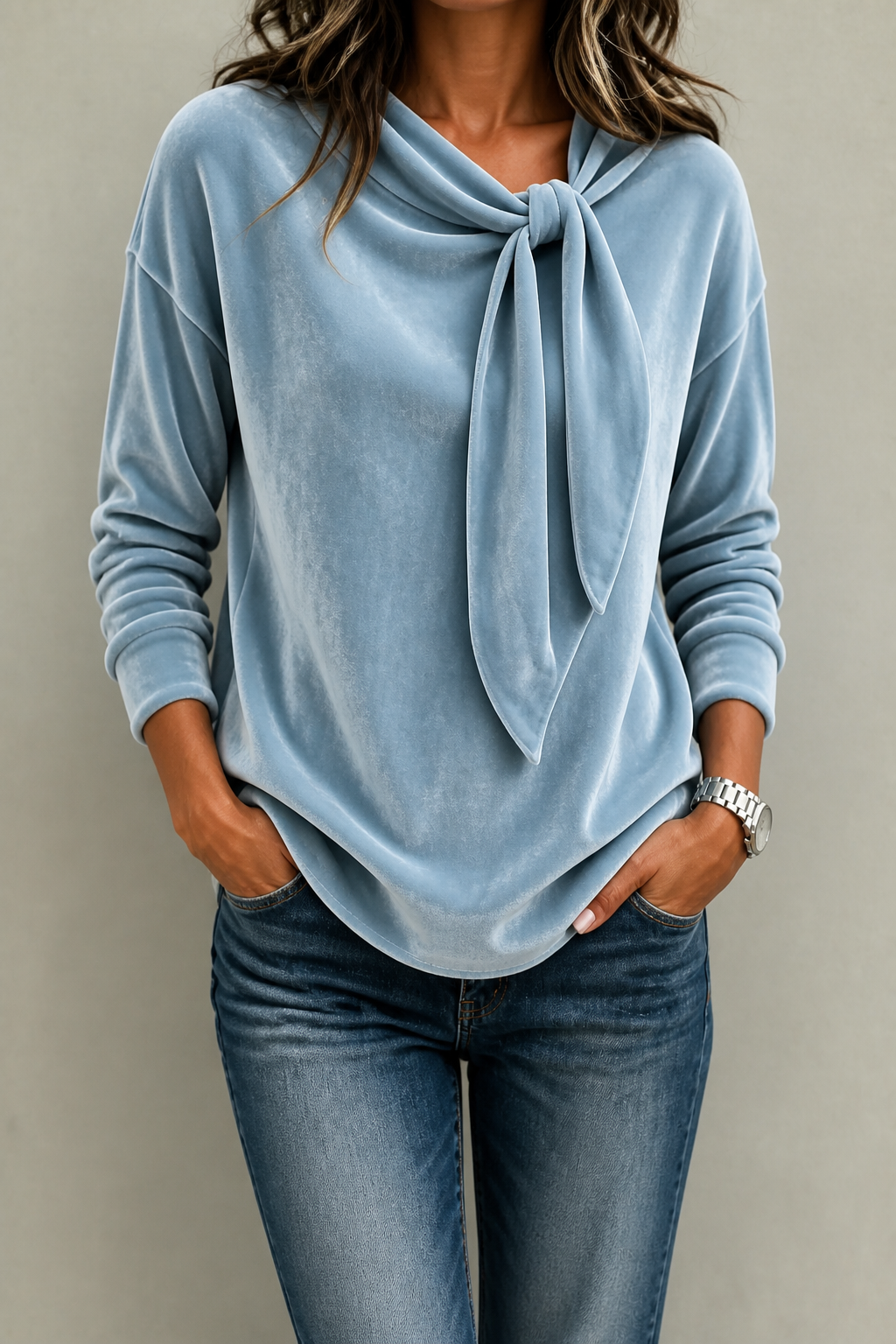 Women's Velvet Tie-Neck Blouse with Relaxed Fit