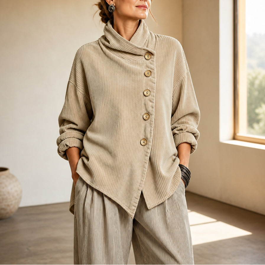 Women's Asymmetric Button Corduroy Top with Funnel Neck