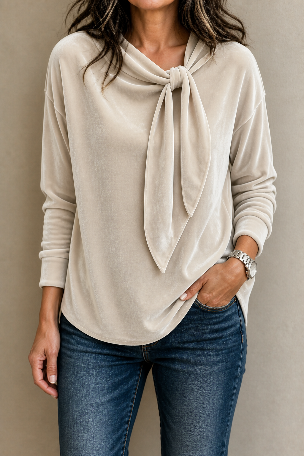 Women's Velvet Tie-Neck Blouse with Relaxed Fit