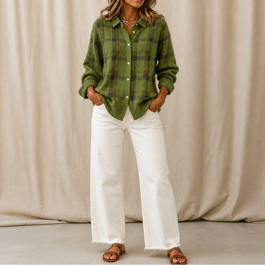 Women's Plaid Button-Front Knit Cardigan with Collar