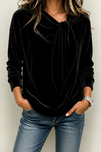 Women's Velvet Tie-Neck Blouse with Relaxed Fit