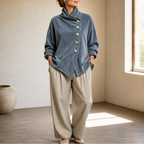 Women's Asymmetric Button Corduroy Top with Funnel Neck