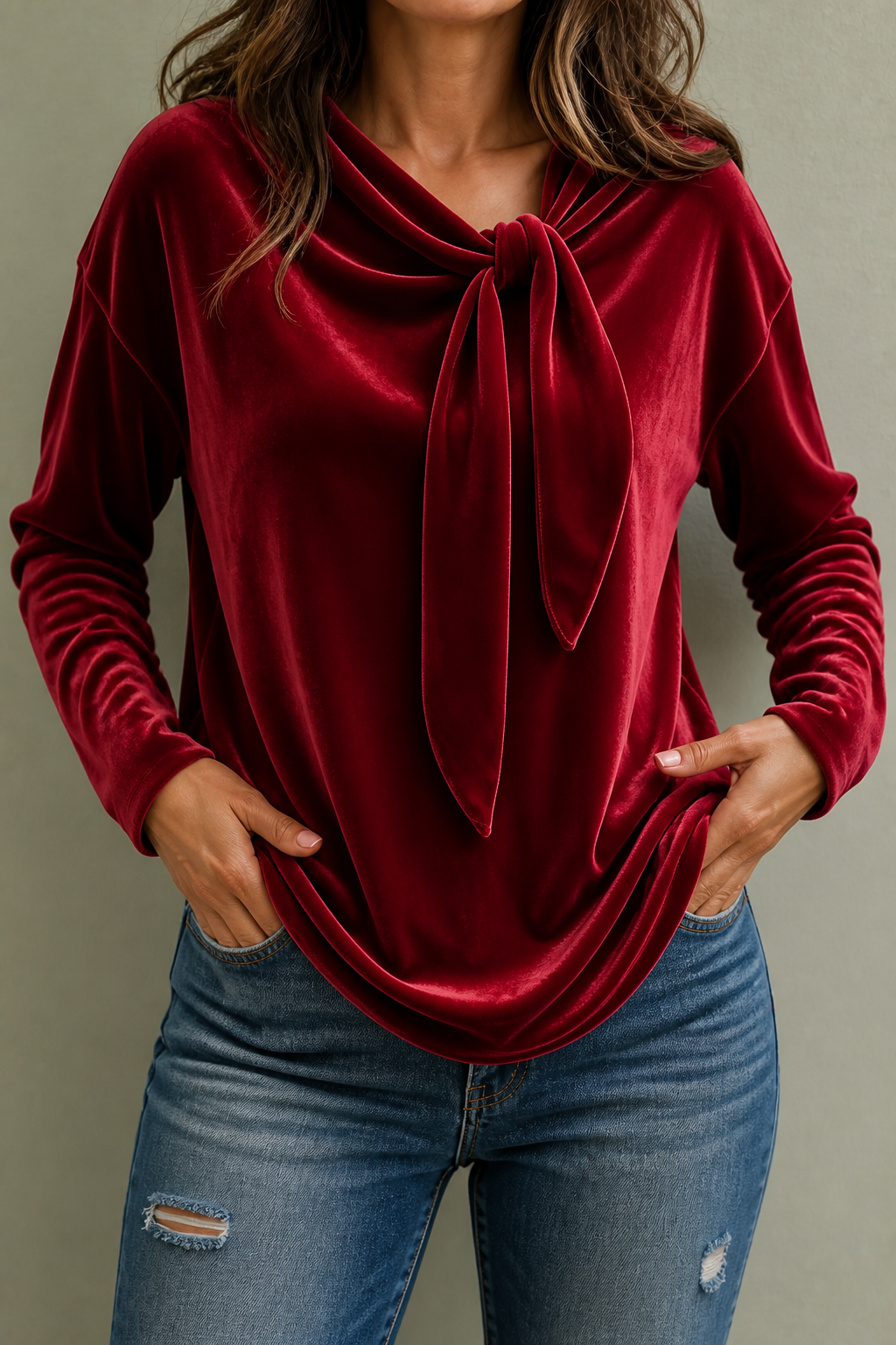 Women's Velvet Tie-Neck Blouse with Relaxed Fit