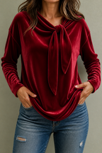 Women's Velvet Tie-Neck Blouse with Relaxed Fit