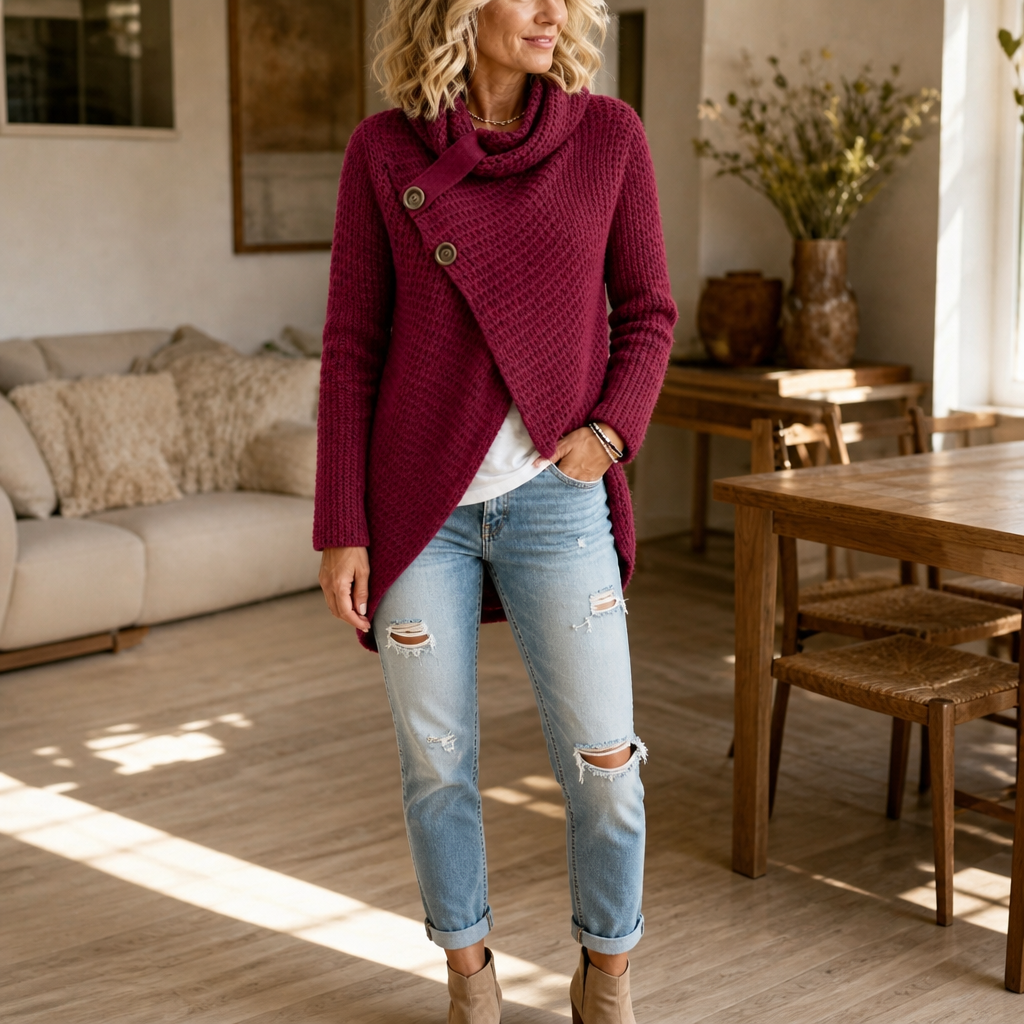 Women's Asymmetric Cowl Neck Sweater with Side Buttons