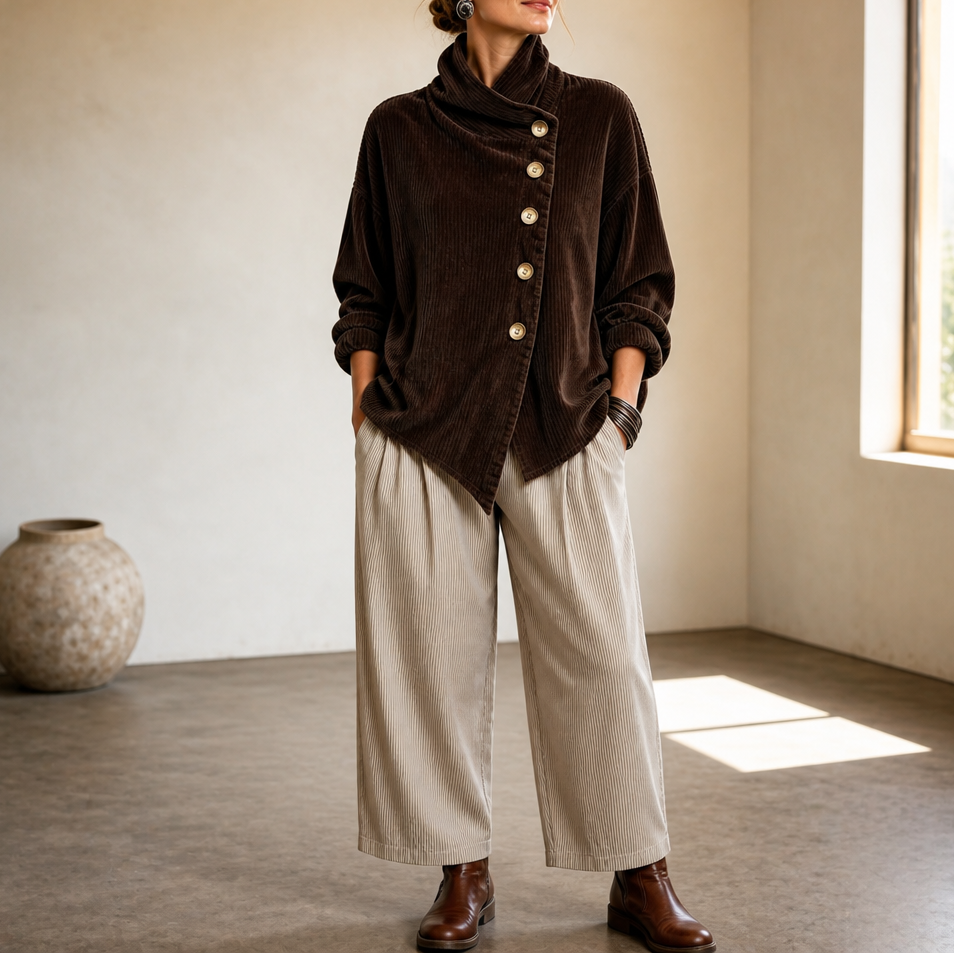 Women's Asymmetric Button Corduroy Top with Funnel Neck