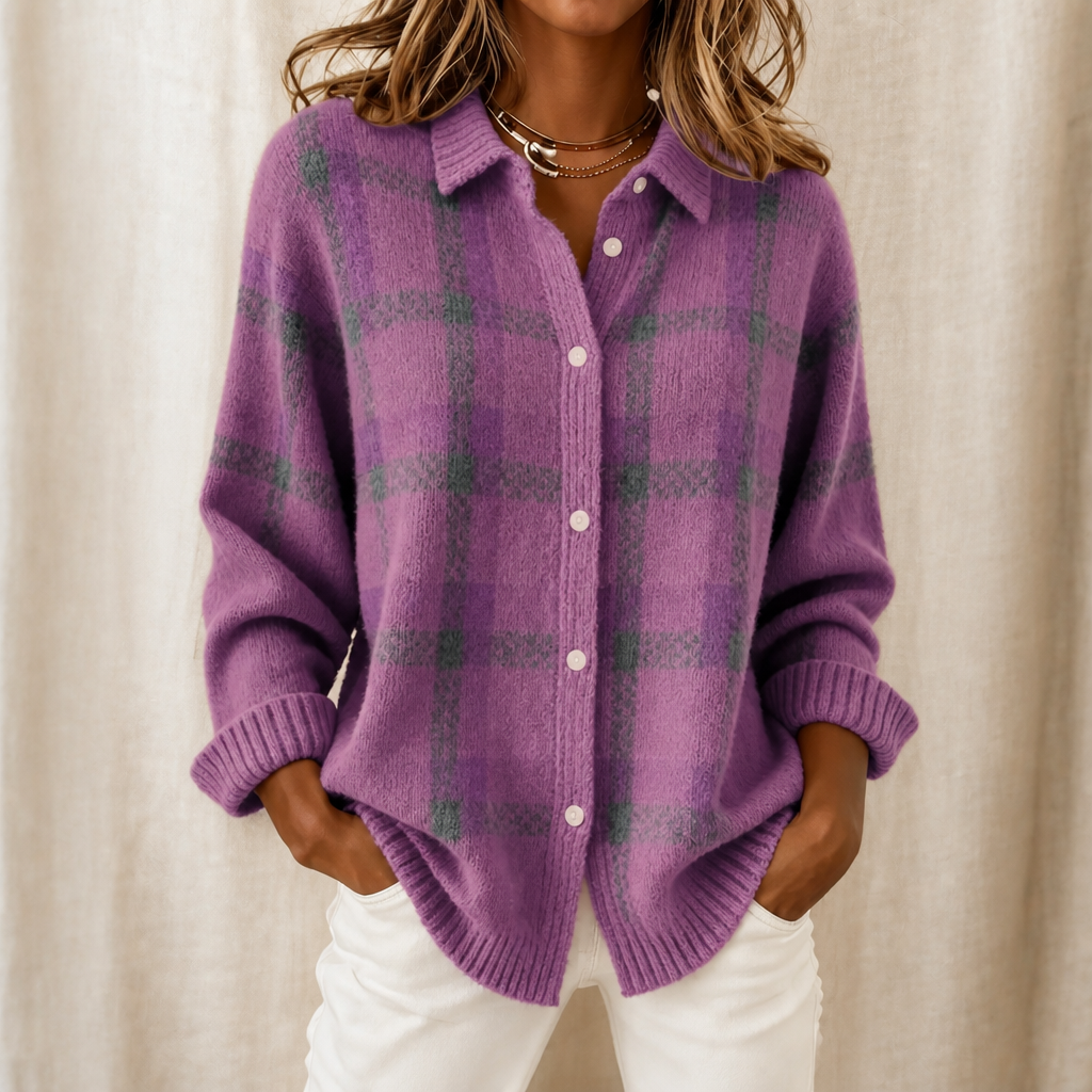 Women's Plaid Button-Front Knit Cardigan with Collar