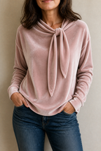 Women's Velvet Tie-Neck Blouse with Relaxed Fit