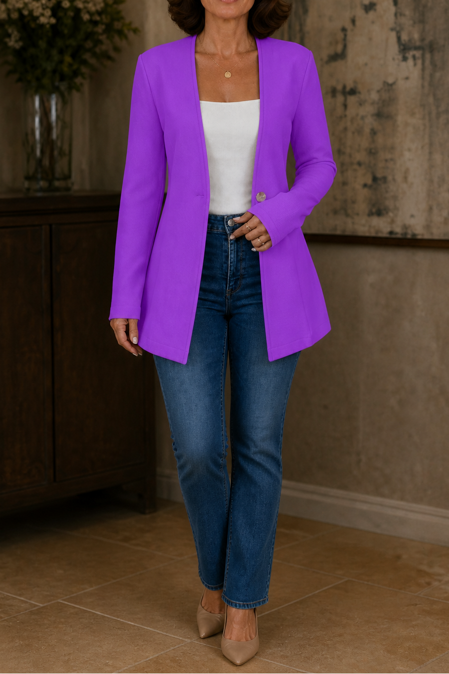 Women's V-Neck Single-Button A-Line Blazer