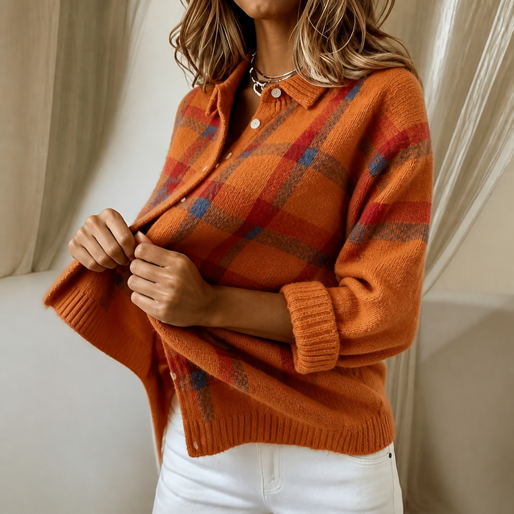 Women's Plaid Button-Front Knit Cardigan with Collar