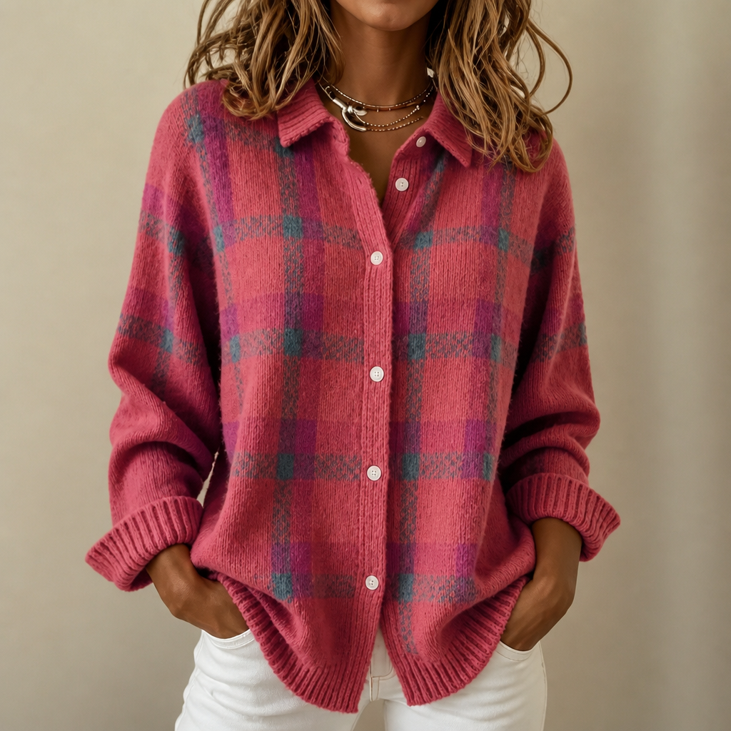 Women's Plaid Button-Front Knit Cardigan with Collar