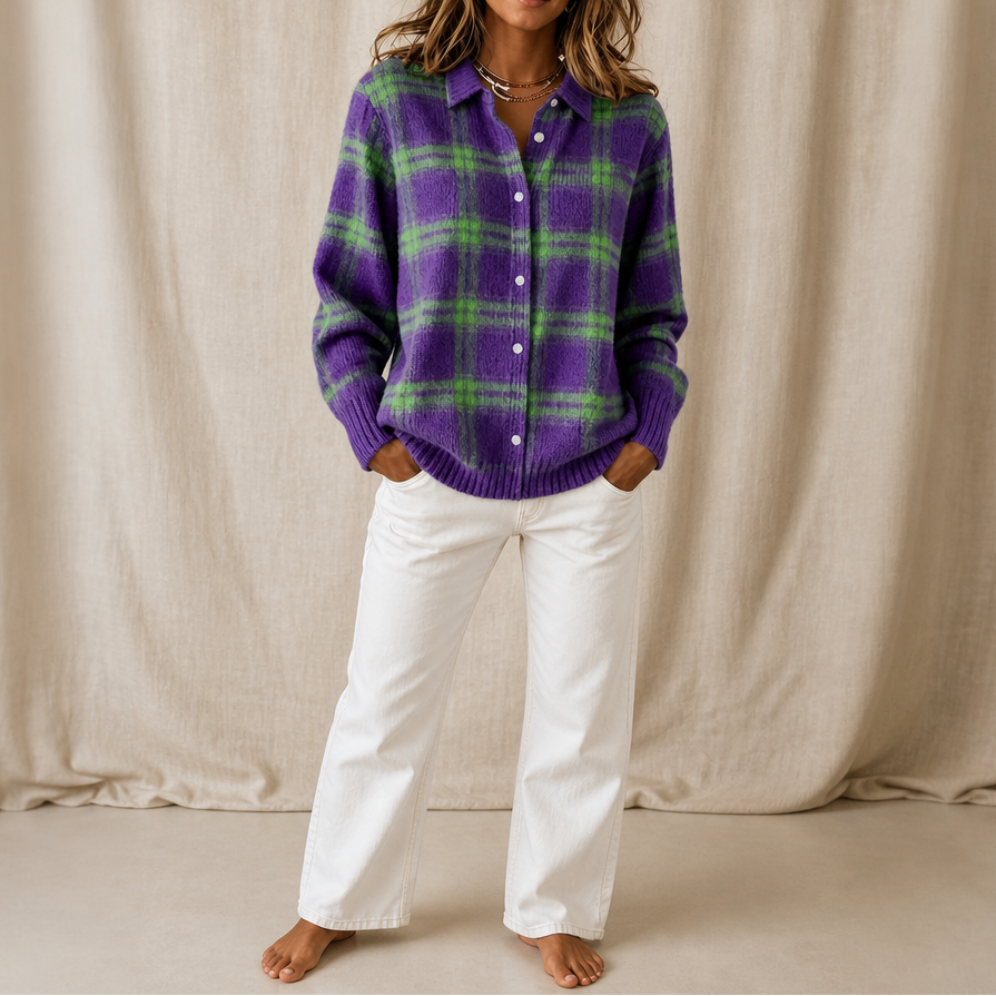 Women's Plaid Button-Front Knit Cardigan with Collar