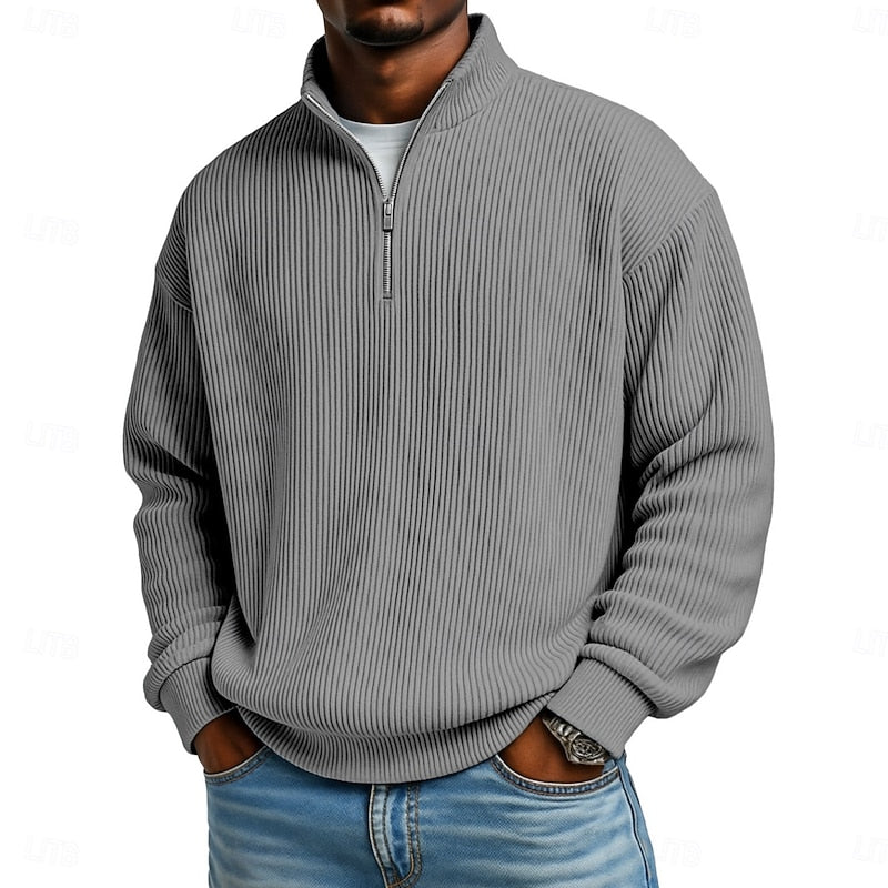 Men's Ribbed Quarter-Zip Pullover with Stand Collar
