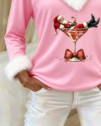 Women's Christmas Graphic V-Neck Top with Fluffy Trim - Mattia Cremasco