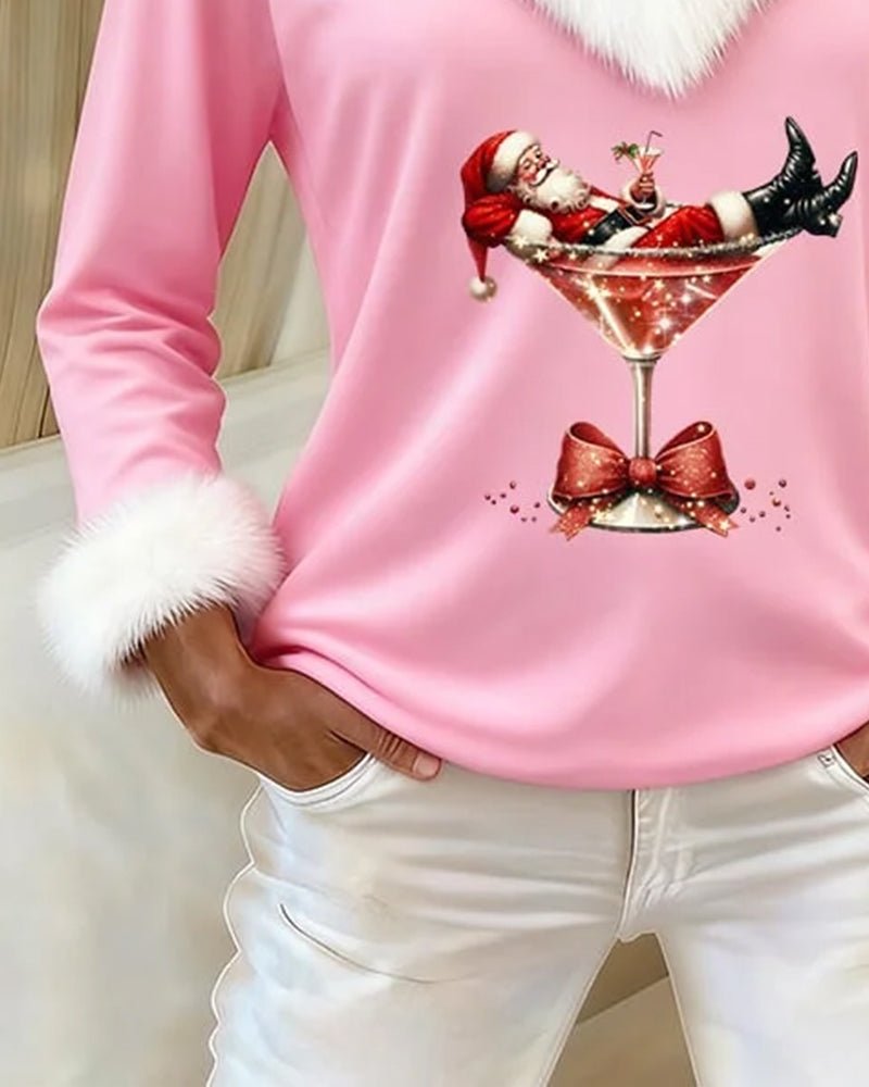 Women's Christmas Graphic V-Neck Top with Fluffy Trim - Mattia Cremasco