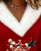 Women's Christmas Graphic V-Neck Top with Fluffy Trim - Mattia Cremasco