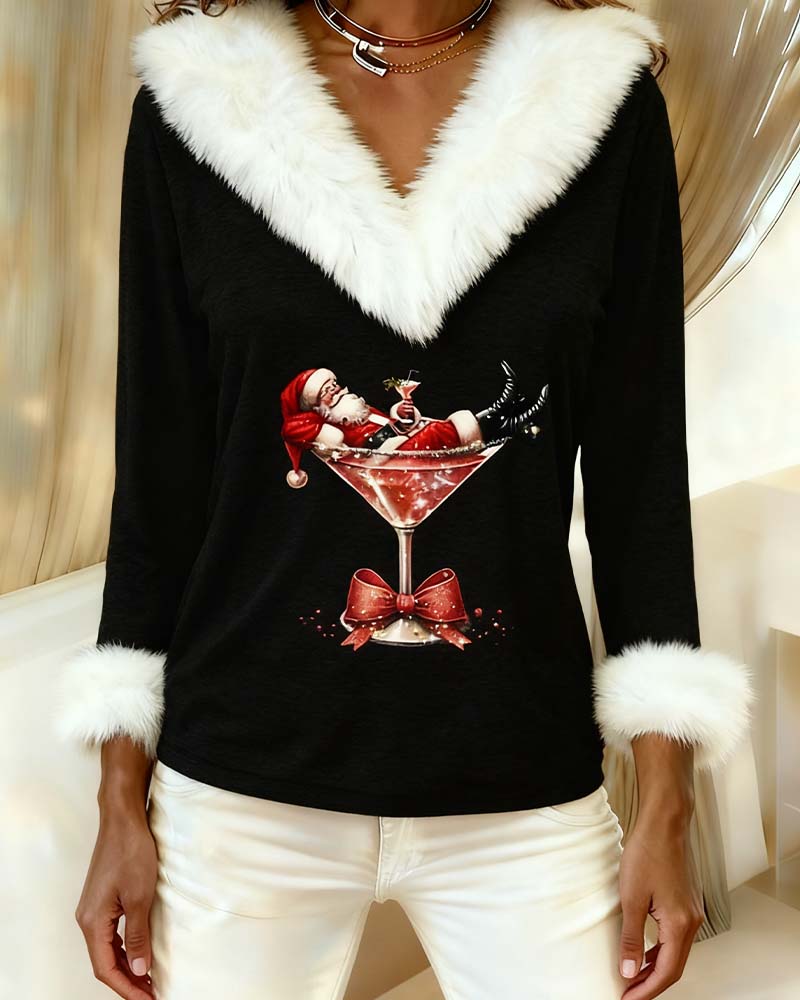 Women's Christmas Graphic V-Neck Top with Fluffy Trim - Mattia Cremasco