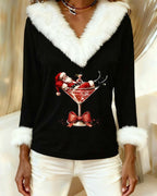 Women's Christmas Graphic V-Neck Top with Fluffy Trim - Mattia Cremasco
