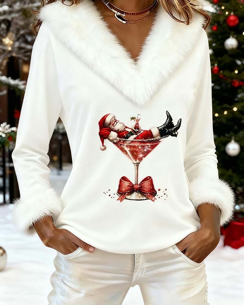 Women's Christmas Graphic V-Neck Top with Fluffy Trim - Mattia Cremasco