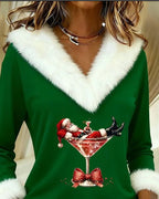 Women's Christmas Graphic V-Neck Top with Fluffy Trim - Mattia Cremasco
