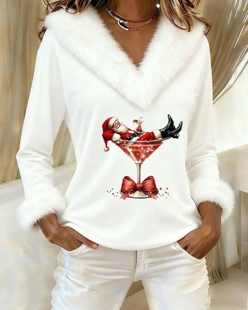 Women's Christmas Graphic V-Neck Top with Fluffy Trim - Mattia Cremasco