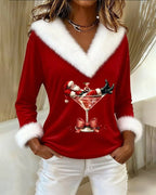 Women's Christmas Graphic V-Neck Top with Fluffy Trim - Mattia Cremasco