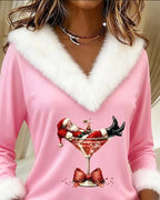 Women's Christmas Graphic V-Neck Top with Fluffy Trim - Mattia Cremasco