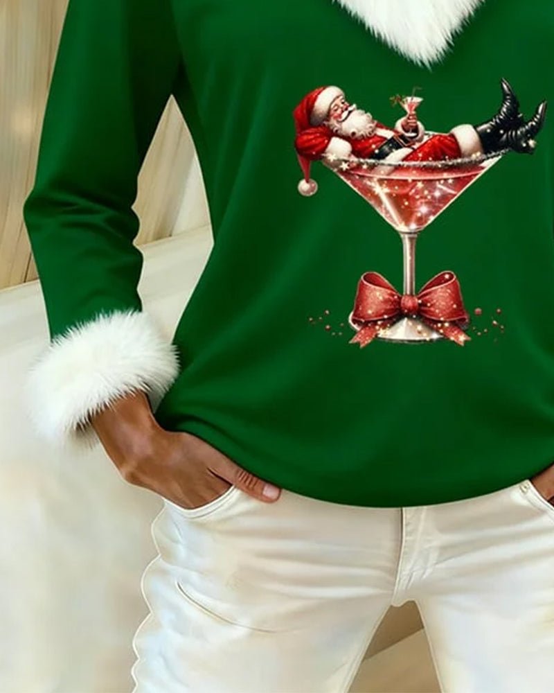 Women's Christmas Graphic V-Neck Top with Fluffy Trim - Mattia Cremasco
