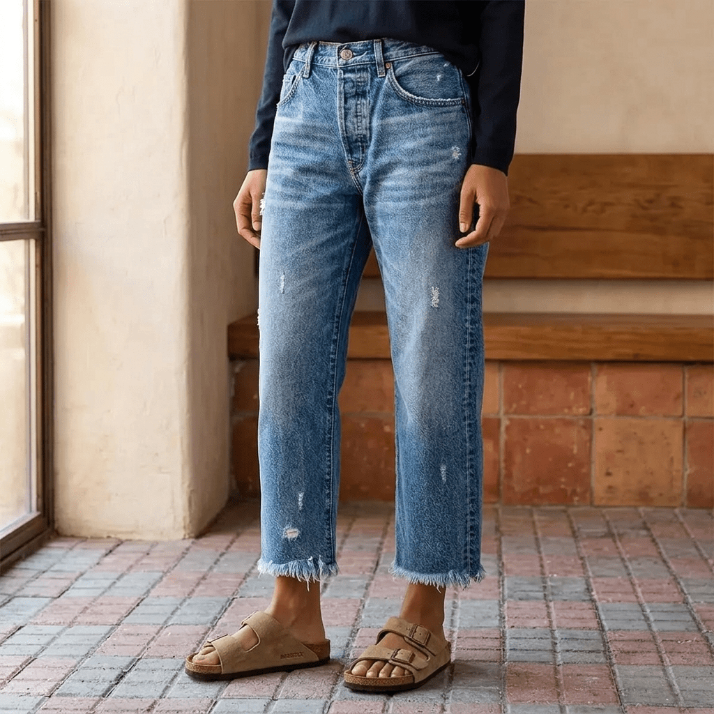 Women's Cropped Straight Leg Jeans with Fringed Hems - Mattia Cremasco