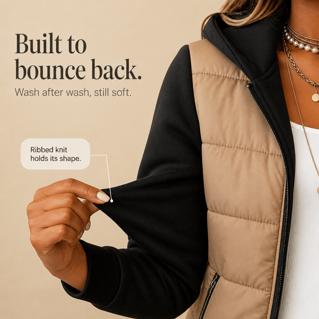 Women's Hooded Quilted Jacket with Knit Sleeves - Mattia Cremasco