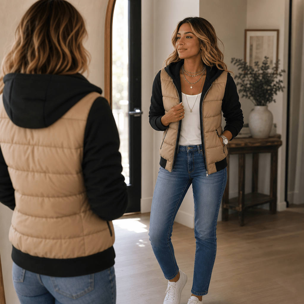 Women's Hooded Quilted Jacket with Knit Sleeves - Mattia Cremasco