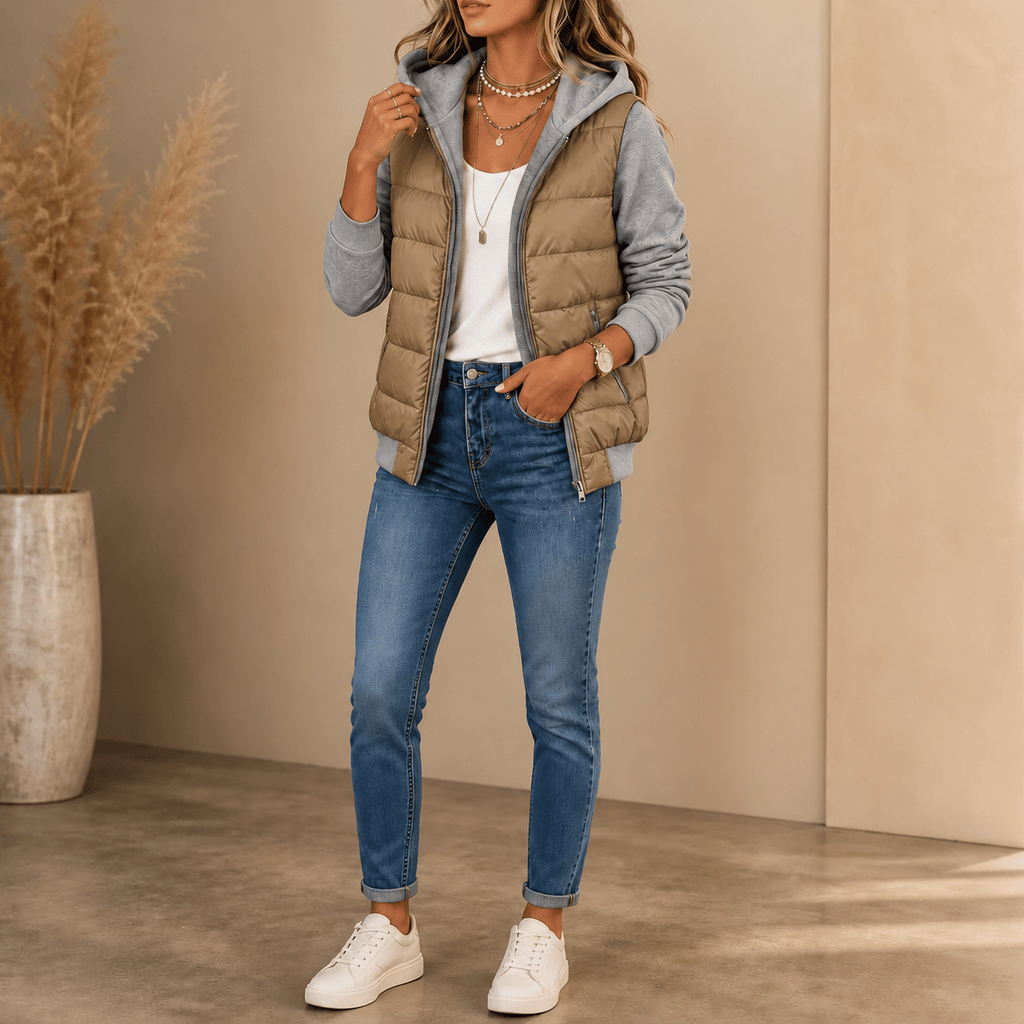 Women's Hooded Quilted Jacket with Knit Sleeves - Mattia Cremasco