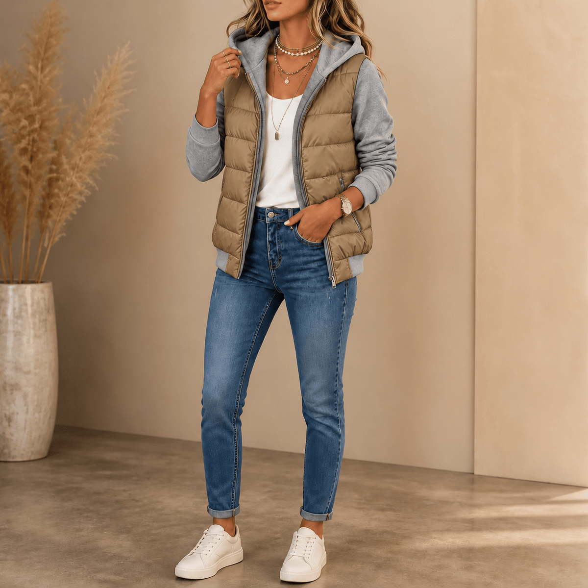 Women's Hooded Quilted Jacket with Knit Sleeves - Mattia Cremasco