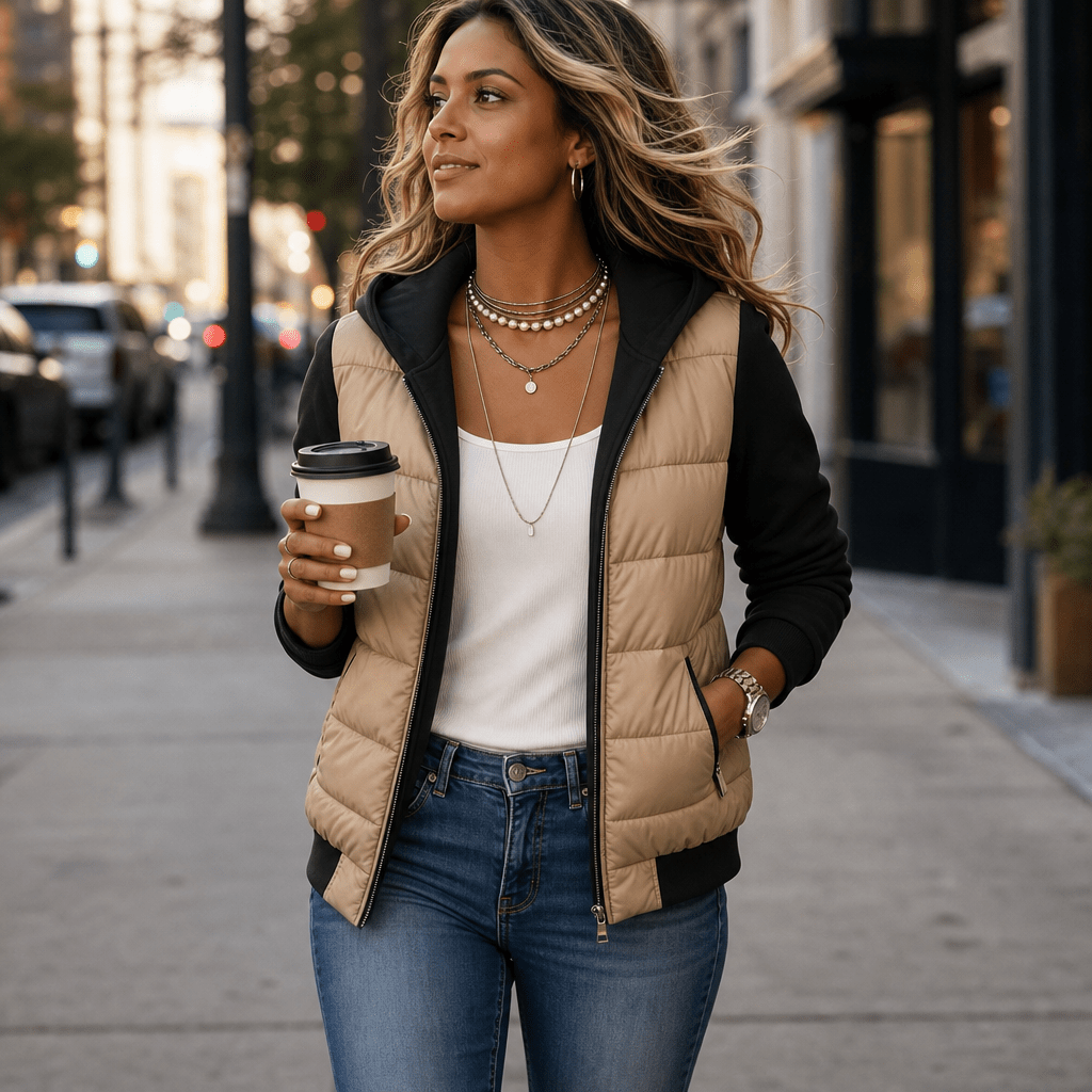 Women's Hooded Quilted Jacket with Knit Sleeves - Mattia Cremasco