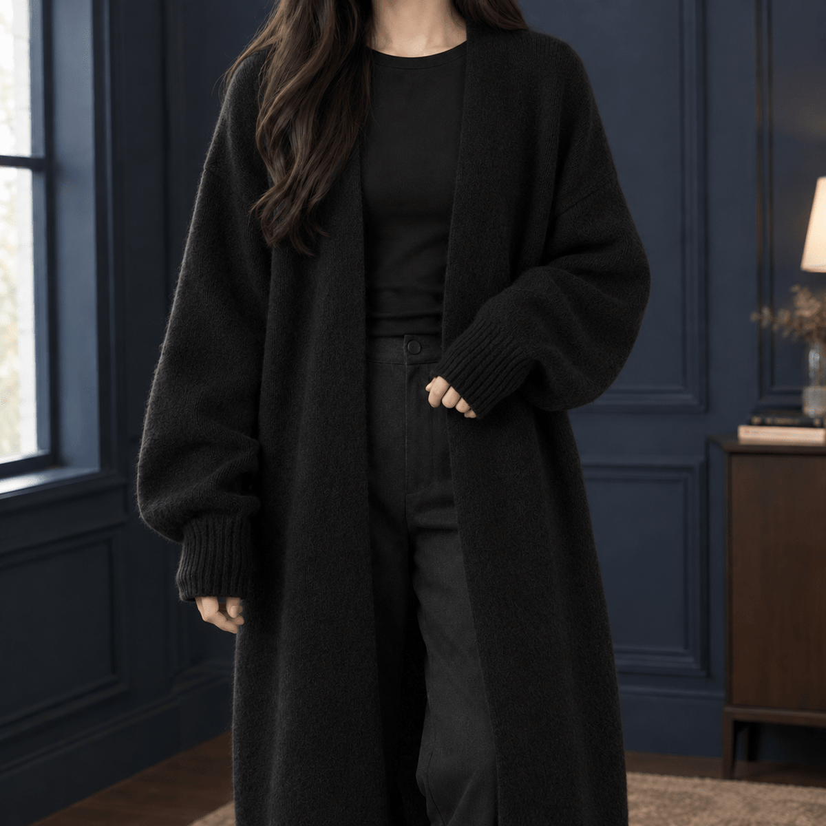 Women's Longline Open-Front Knit Cardigan with Long Sleeves - Mattia Cremasco