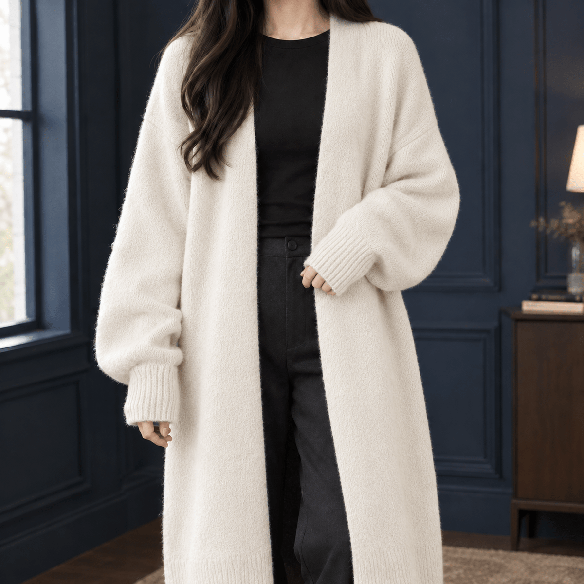 Women's Longline Open-Front Knit Cardigan with Long Sleeves - Mattia Cremasco