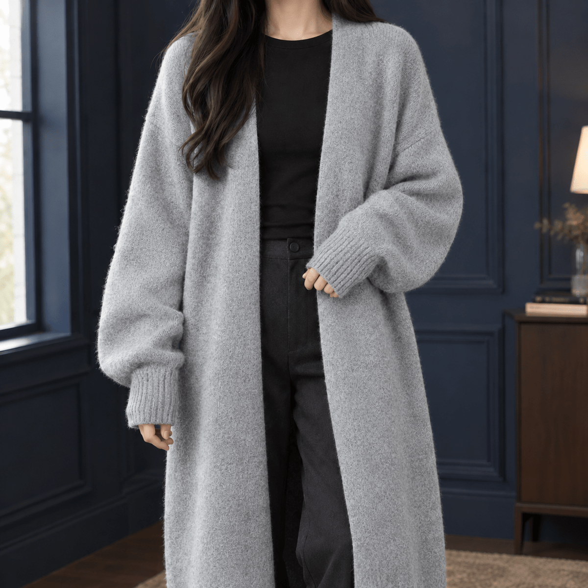 Women's Longline Open-Front Knit Cardigan with Long Sleeves - Mattia Cremasco