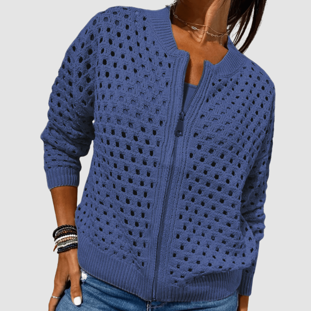 Women's Open-Knit Zip-Up Cardigan with Long Sleeves - Mattia Cremasco
