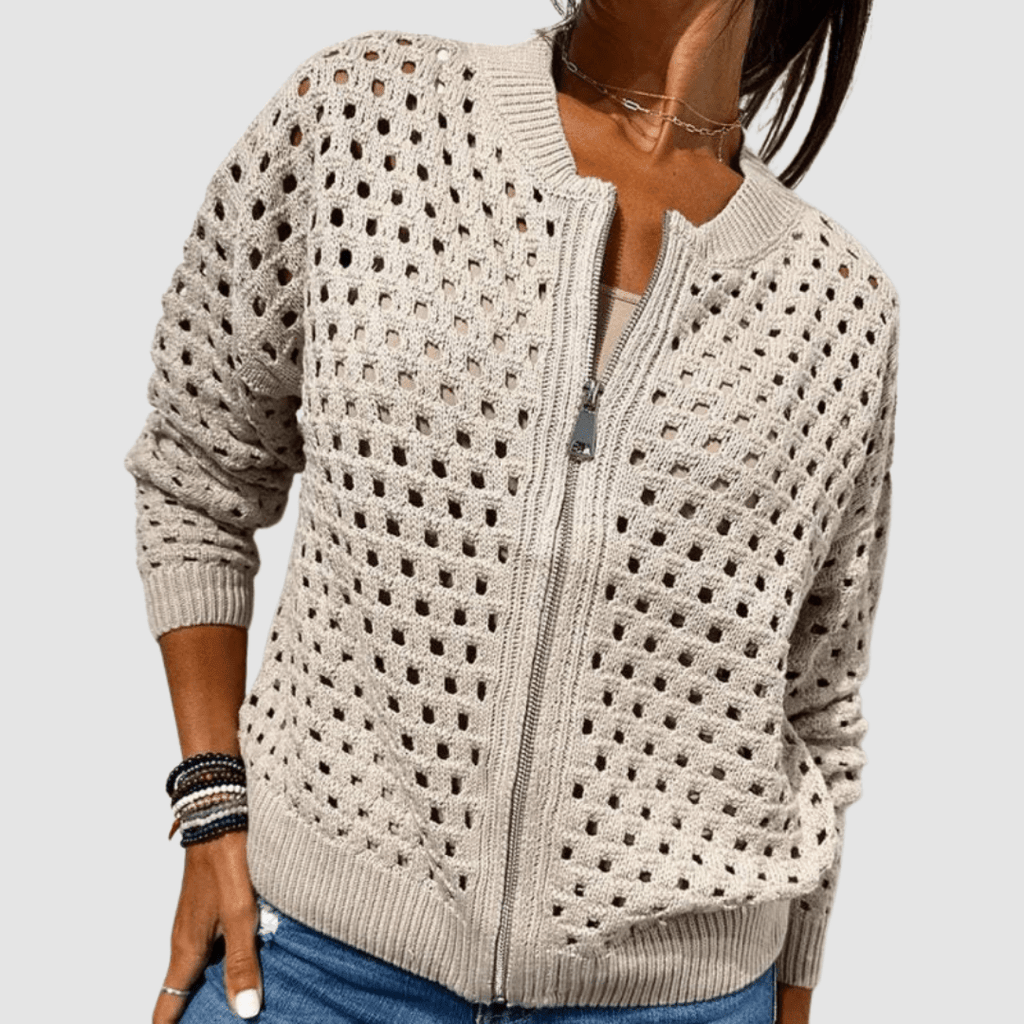 Women's Open-Knit Zip-Up Cardigan with Long Sleeves - Mattia Cremasco