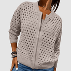 Women's Open-Knit Zip-Up Cardigan with Long Sleeves - Mattia Cremasco