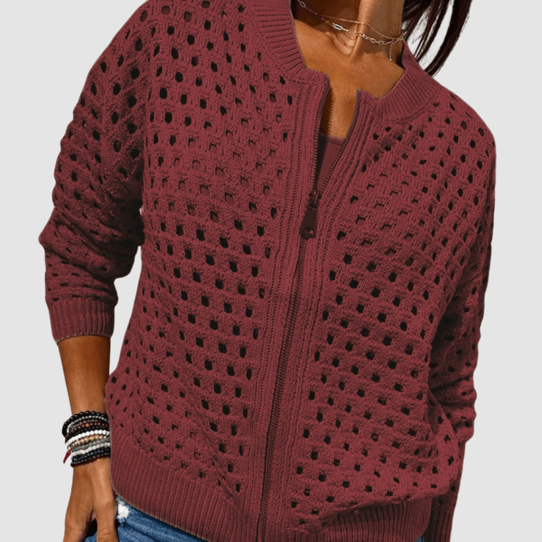 Women's Open-Knit Zip-Up Cardigan with Long Sleeves - Mattia Cremasco