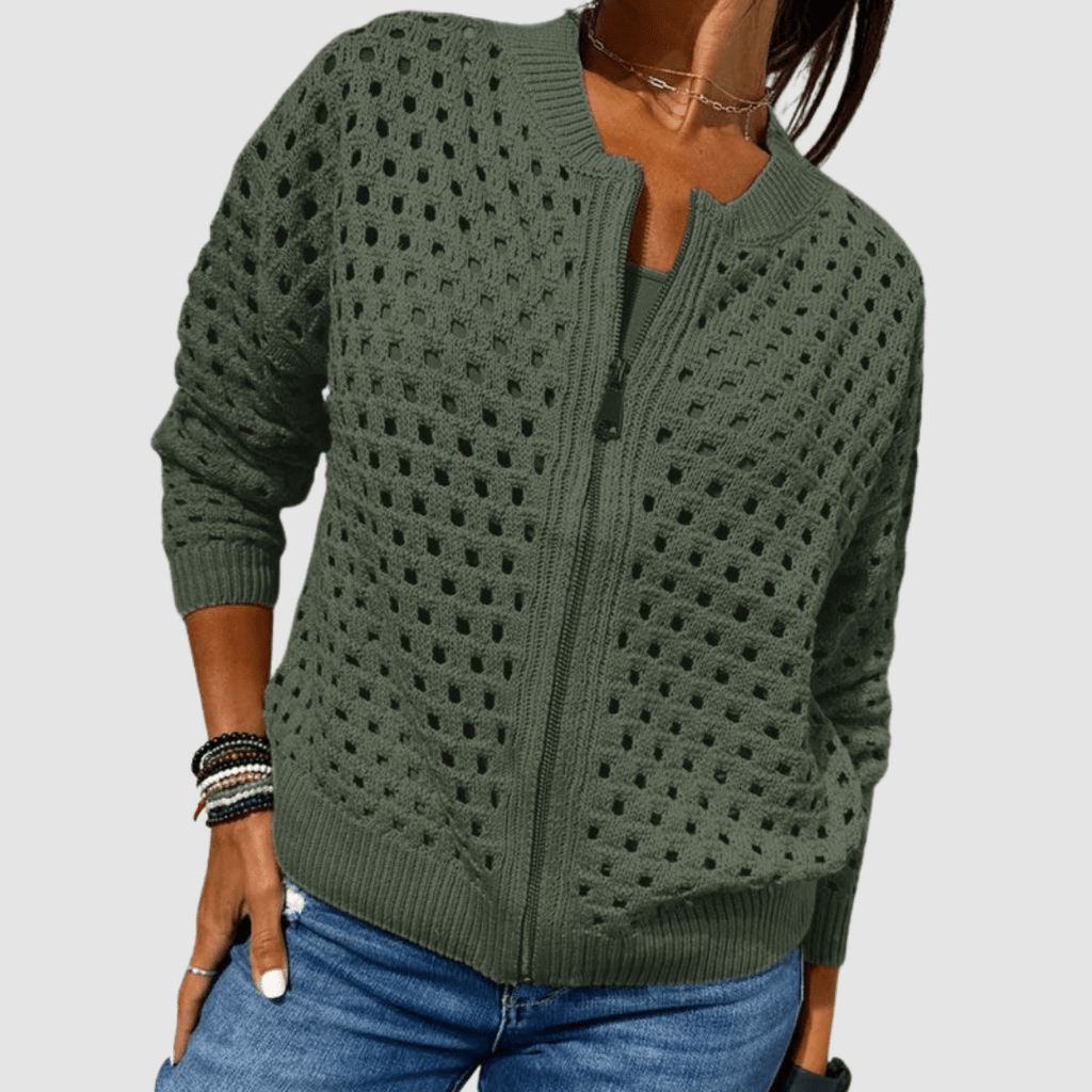 Women's Open-Knit Zip-Up Cardigan with Long Sleeves - Mattia Cremasco