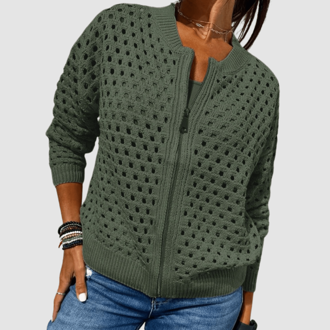 Women's Open-Knit Zip-Up Cardigan with Long Sleeves - Mattia Cremasco