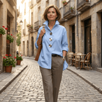 Women's Oversized Button-Front Blouse with Stand Collar - Mattia Cremasco