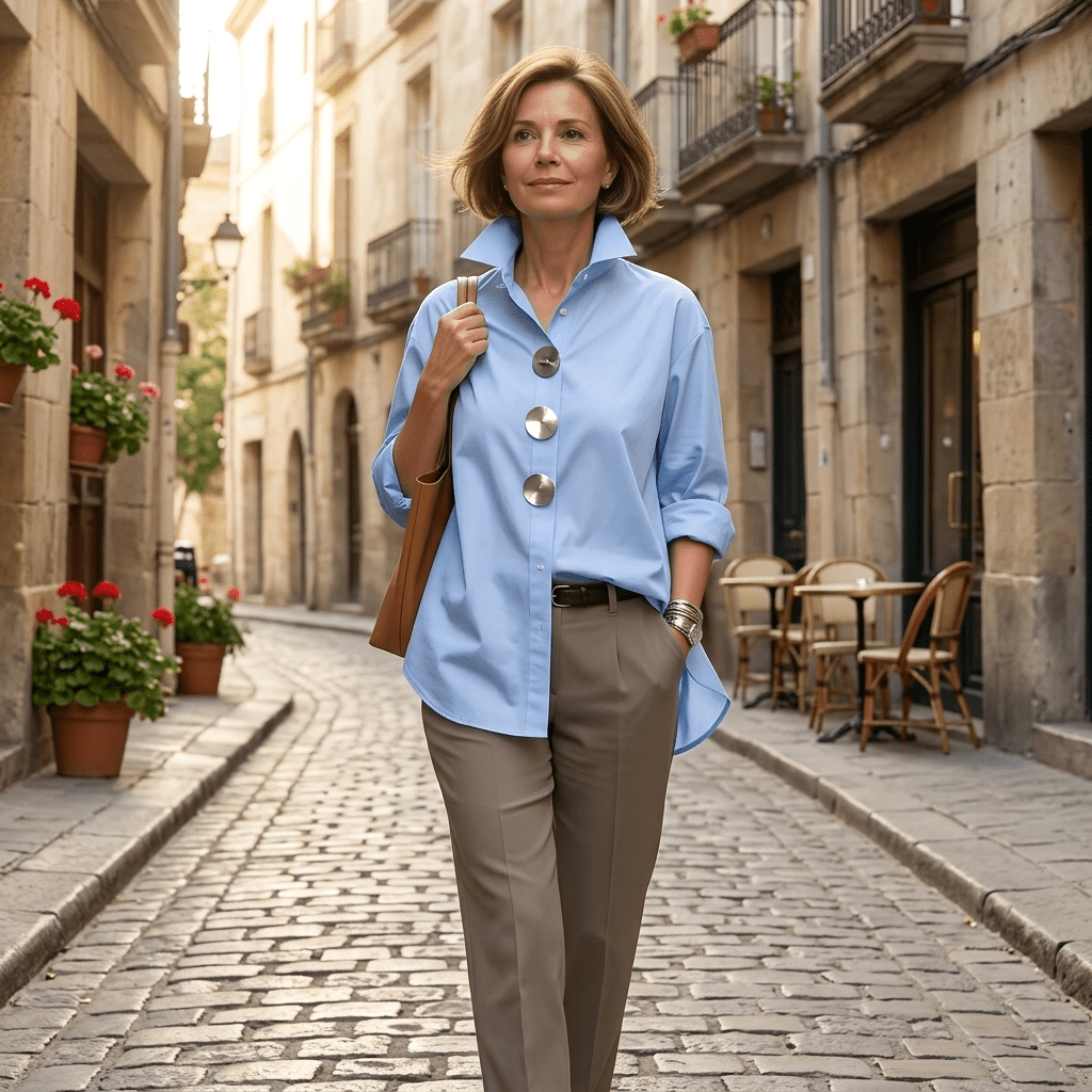 Women's Oversized Button-Front Blouse with Stand Collar - Mattia Cremasco
