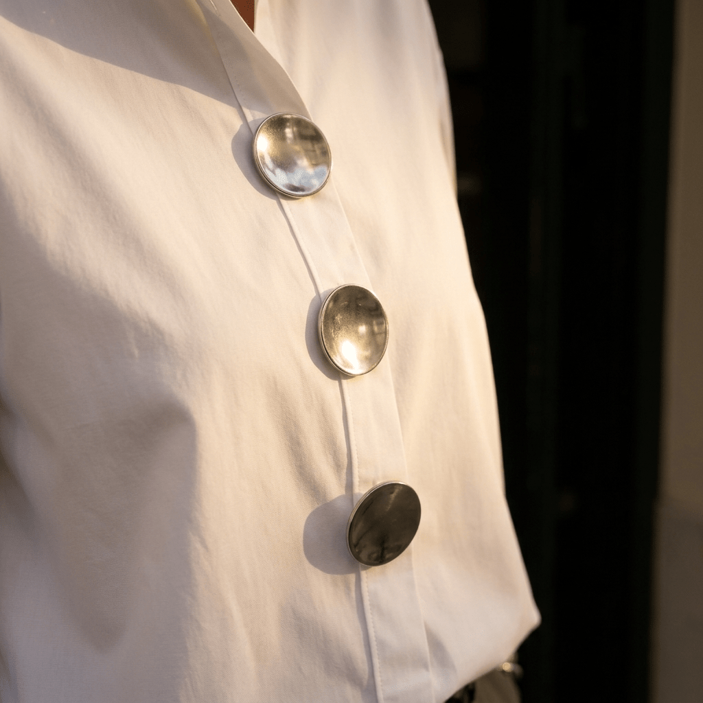 Women's Oversized Button-Front Blouse with Stand Collar - Mattia Cremasco