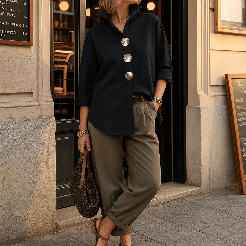 Women's Oversized Button-Front Blouse with Stand Collar - Mattia Cremasco