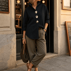 Women's Oversized Button-Front Blouse with Stand Collar - Mattia Cremasco